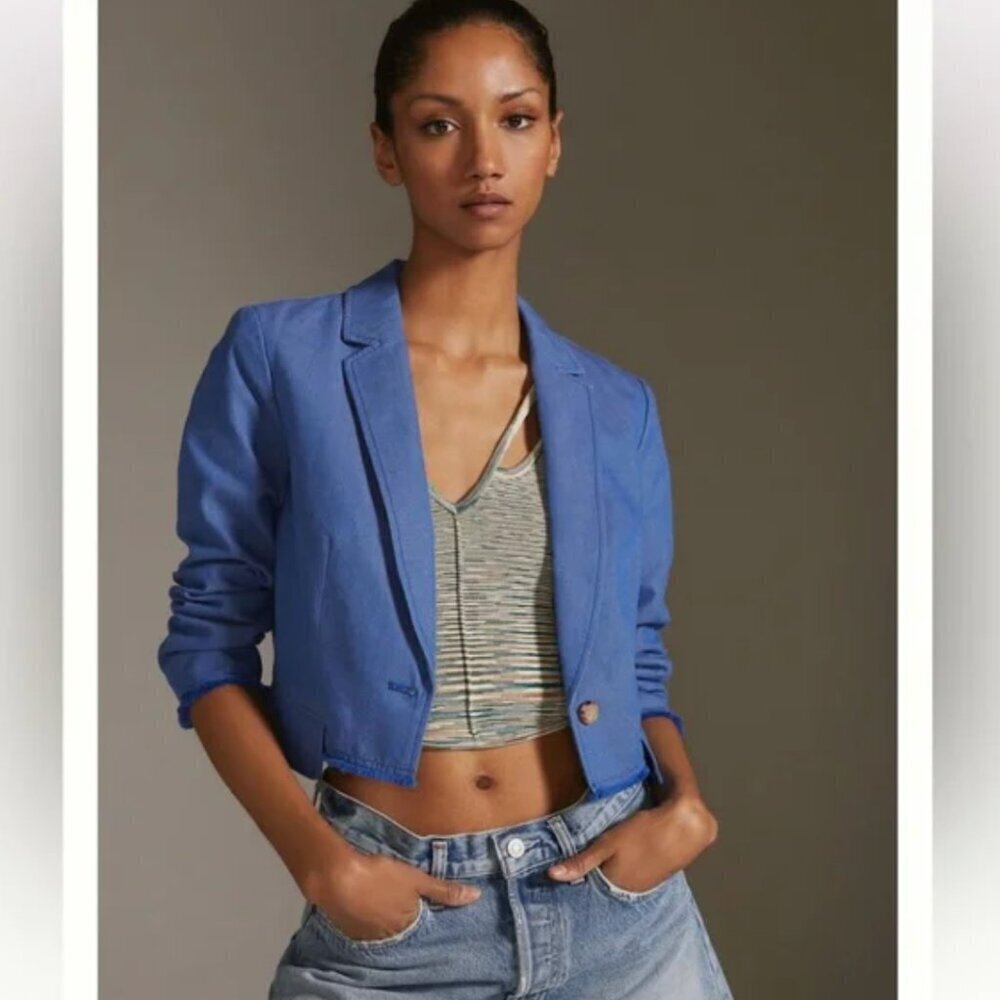Anthropologie‎ Cropped Frayed Hem Blazer Blue size 8